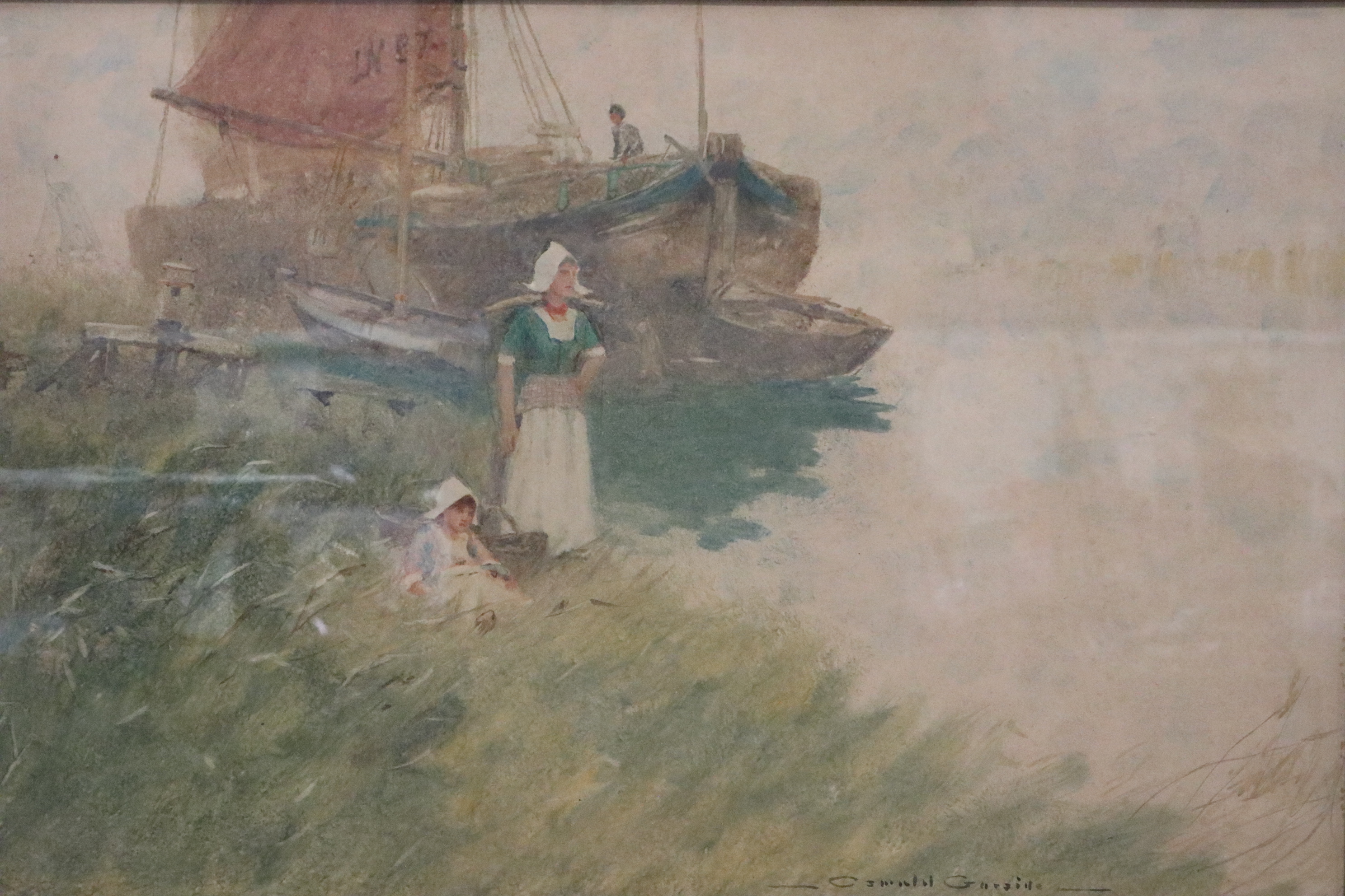 Oswald Garside (1879-1942): watercolour, Dutch barge at its moorings with a women and child on the