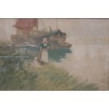 Oswald Garside (1879-1942): watercolour, Dutch barge at its moorings with a women and child on the