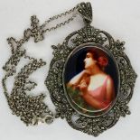 925 silver marcasite pendant necklace set with an enamelled portrait, chain L: 46 cm, boxed. UK P&