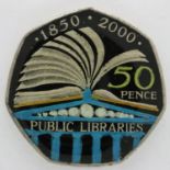 Enamelled 50p coin: Public Libraries. UK P&P Group 1 (£16+VAT for the first lot and £2+VAT for