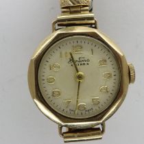 BENTIMA: 9ct gold cased ladies wristwatch on a gold plated expanding bracelet, not working at