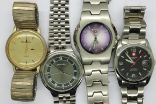 Four gents wristwatches; Phillip Mercier, Zurich Sports, New Swiss Army and Sekonda. UK P&P Group