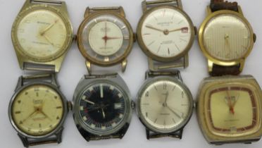 Eight mechanical wristwatch heads including Liberty and Constructa, mostly not working. UK P&P Group