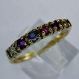 9ct gold half eternity multi-stone ring, set with diamond, amethyst, and others, size K/L, 1.5g.