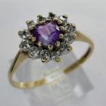 9ct gold cluster ring set with amethyst and cubic zirconia, size Q/R, 1.8g. UK P&P Group 1 (£16+