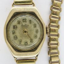 BENTIMA: 9ct gold cased ladies wristwatch on a gold plated bracelet, not working at lotting. UK P&