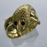 9ct gold snake ring, with ruby set eyes, size M/N, 4.1g. UK P&P Group 1 (£16+VAT for the first lot