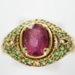 14ct gold cluster ring set with pink tourmaline and emeralds, size N, 4.5g. UK P&P Group 1 (£16+