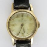 HAMILTON: ladies 9ct gold cased wristwatch on a black leather strap, with 1972 ICI inscription