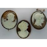 Three 9ct gold mounted shall cameo brooches, largest 35 x 40 mm. UK P&P Group 1 (£16+VAT for the