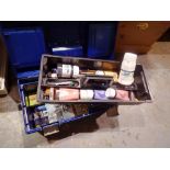 A quantity of art paint brushes, paint and pencils in a carry case. Not available for in-house P&P