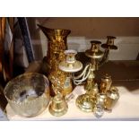 Shelf of mixed brassware. Not available for in-house P&P