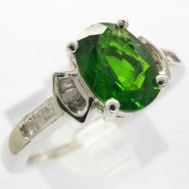 925 silver ring set with Russian diopside and diamond shoulders, size P, 2.8g. UK P&P Group 0 (£6+