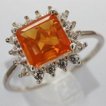 925 silver cluster ring set with fire opal and cubic zirconia, size R, 1.7g. UK P&P Group 0 (£6+