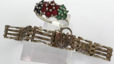 925 silver multi-gem stone set ring and a hallmarked silver gate bracelet, ring size Q, bracelet