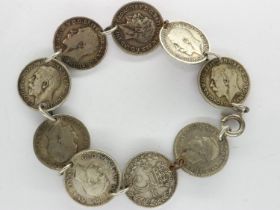 Silver threepence bracelet, L: 19 cm. UK P&P Group 1 (£16+VAT for the first lot and £2+VAT for