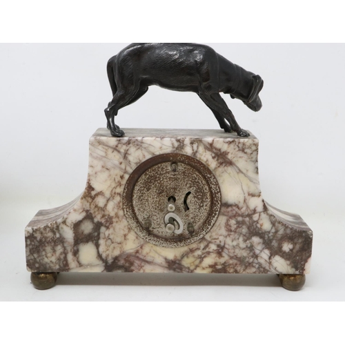 Marble mantel clock with cold painted bronze dog finial, H: 19 cm, working at lotting. UK P&P - Image 2 of 2