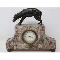 Marble mantel clock with cold painted bronze dog finial, H: 19 cm, working at lotting. UK P&P