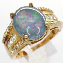 925 silver and gold overlay ring set with cubic zirconia and Simulated opal, size P, 4.6g. UK P&P