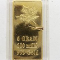 999 gold five gram bullion. UK P&P Group 0 (£6+VAT for the first lot and £1+VAT for subsequent lots)
