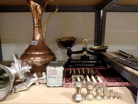 Brass scales with weights and other metalware. Not available for in-house P&P