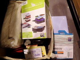 Box of household items including a new kingsize fitted sheet. Not available for in-house P&P