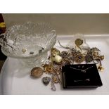 1953 Coronation bowl containing mixed costume jewellery and a clock. Not available for in-house P&P