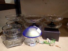 Collection of dessert glasses a paperweight and a Dartington bowl. Not available for in-house P&P