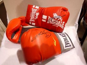 Three singed boxing gloves. Not available for in-house P&P