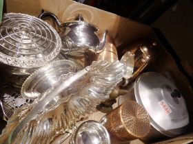 Collection of mixed metalware including silver plated tea set. Not available for in-house P&P