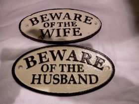 Cast iron Beware of the Husband and Wife sign, W: 30 cm. UK P&P Group 1 (£16+VAT for the first lot