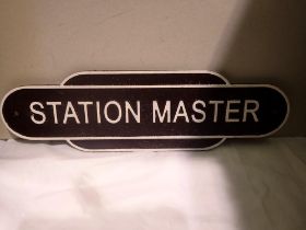Cast iron Station Master sign. W: 35cm. UK P&P Group 1 (£16+VAT for the first lot and £2+VAT for