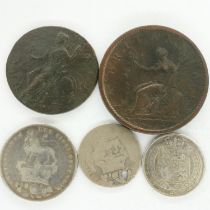 Mixed early milled circulated copper and silver coins (5). UK P&P Group 0 (£6+VAT for the first