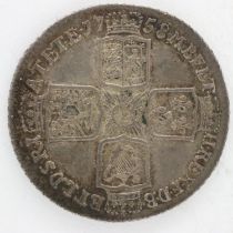 1758 silver shilling of George II, gVF with dark toning. UK P&P Group 0 (£6+VAT for the first lot