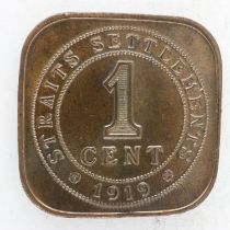 1919 Straits Settlement cent of George V, EF. UK P&P Group 0 (£6+VAT for the first lot and £1+VAT