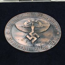 Third Reich NSFK Deutschlandflug 1938 bronze plated plaque, in its original presentation box. The