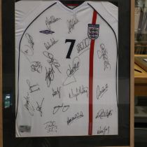 2001-2003 England Football Club shirt bearing twenty-one signatures, framed. Not available for in-