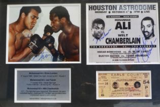 A montage of facsimile boxing and Muhammad Ali signed ephemera. Not available for in-house P&P