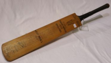 Cricket interest: a full-size bat, bearing signatures of the 1950 England and West Indies teams.