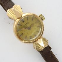18ct gold cased ladies wristwatch on a brown leather strap, not working at lotting. UK P&P Group