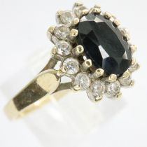 9ct gold cluster ring set with sapphire and cubic zirconia, size N, 3.0g. UK P&P Group 0 (£6+VAT for