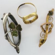 Unmarked 9ct gold brooch and ring for scrap, 3.0g, and a silver brooch, largest L: 50 mm. UK P&P