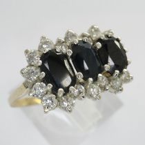 9ct gold cluster ring set with sapphires and cubic zirconia, size M, 2.6g. UK P&P Group 0 (£6+VAT