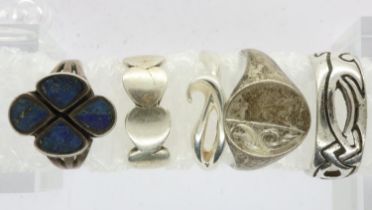Four 925 silver rings and a hallmarked silver example (5), various sizes. UK P&P Group 1 (£16+VAT