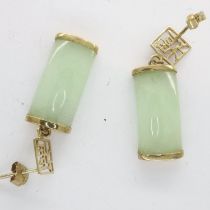 Jadeite drop earrings with yellow metal mounts, drop H: 35 mm. UK P&P Group 1 (£16+VAT for the first