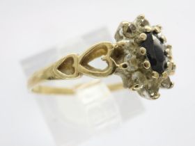 9ct gold cluster ring set with sapphire and cubic zirconia, size Q, 1.4g. UK P&P Group 0 (£6+VAT for