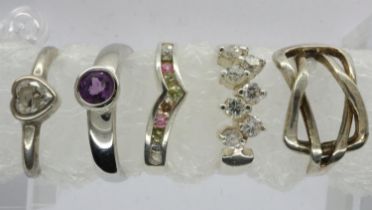 Five 925 silver and white metal rings, various sizes. UK P&P Group 1 (£16+VAT for the first lot