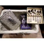 Mixed metalware including a silver plated jewellery box. Not available for in-house P&P
