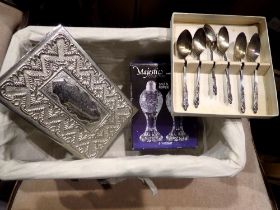 Mixed metalware including a silver plated jewellery box. Not available for in-house P&P