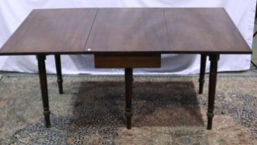 Georgian mahogany dropleaf dining table on turned tapering supports, 118 x 180 cm. Not available for